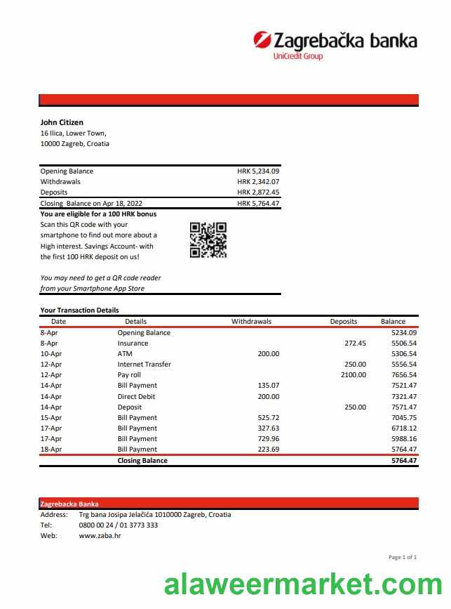Croatia Zagrebacka Bank statement xls